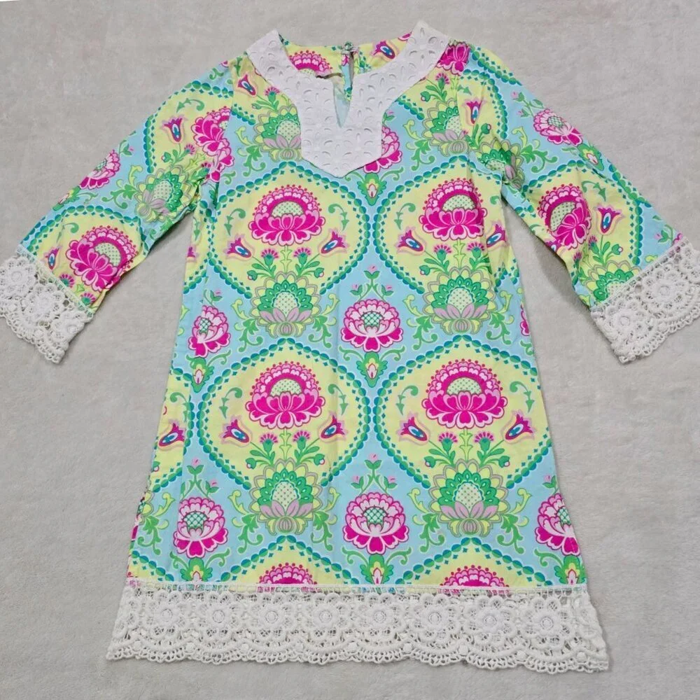 Peaches N Cream Girls Floral Dress Crochet Lace Trim Boho 3/4 Sleeve NWOT Size 8